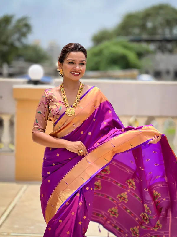 Purple_Soft_Pethani_Silk_Saree_With_Zari_Weaving_Motifs_Design_And_Meenakari_Weaving_Rich_Pallu_With_Meenakari_Weaving_Double_Munia_Border_And_Tassels_Attached_At_Pallu_End_Blouse_For_Women