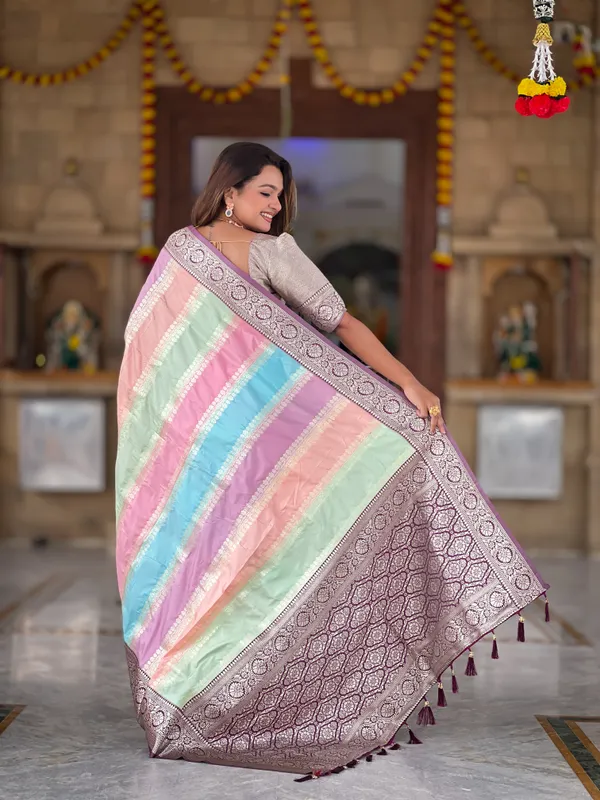 Wine_Soft_Silk_Saree_With_Zari_Weaving_Meenakari_Design_All_Over_The_Saree_And_Zari_Weaving_Contrast_Rich_Pallu_With_Cotrast_Weaving_Border_And_Tassels_Attached_At_Pallu_End_Blouse_For_Women
