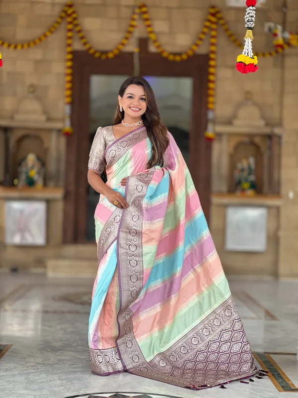 Wine_Soft_Silk_Saree_With_Zari_Weaving_Meenakari_Design_All_Over_The_Saree_And_Zari_Weaving_Contrast_Rich_Pallu_With_Cotrast_Weaving_Border_And_Tassels_Attached_At_Pallu_End_Blouse_For_Women