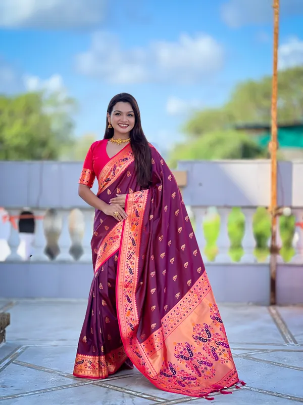 Wine_Soft_Pethani_Silk_Saree_With_Zari_Weaving_Motifs_Design_And_Meenakari_Weaving_Rich_Pallu_With_Meenakari_Weaving_Border_And_Tassels_Attached_At_Pallu_End_Blouse_For_Women