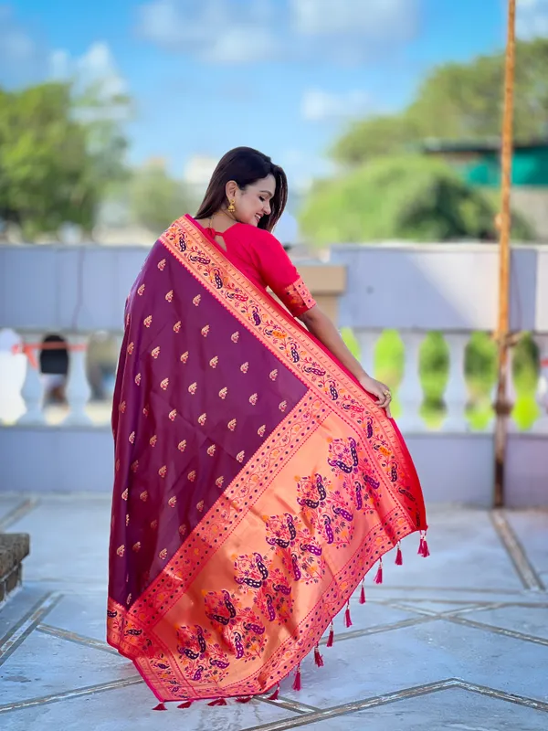 Wine_Soft_Pethani_Silk_Saree_With_Zari_Weaving_Motifs_Design_And_Meenakari_Weaving_Rich_Pallu_With_Meenakari_Weaving_Border_And_Tassels_Attached_At_Pallu_End_Blouse_For_Women