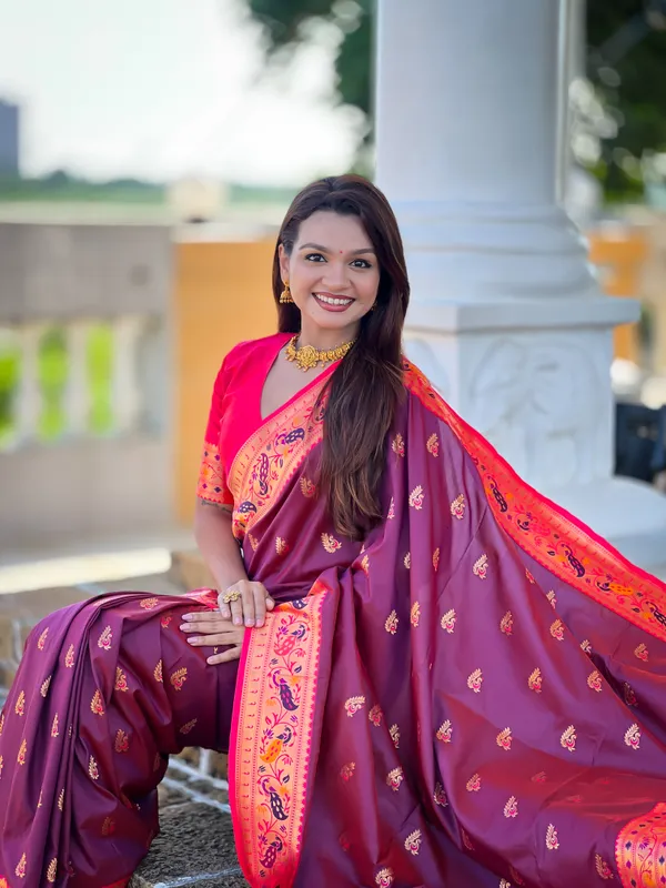 Wine_Soft_Pethani_Silk_Saree_With_Zari_Weaving_Motifs_Design_And_Meenakari_Weaving_Rich_Pallu_With_Meenakari_Weaving_Border_And_Tassels_Attached_At_Pallu_End_Blouse_For_Women