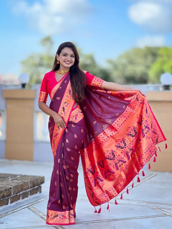 Wine_Soft_Pethani_Silk_Saree_With_Zari_Weaving_Motifs_Design_And_Meenakari_Weaving_Rich_Pallu_With_Meenakari_Weaving_Border_And_Tassels_Attached_At_Pallu_End_Blouse_For_Women