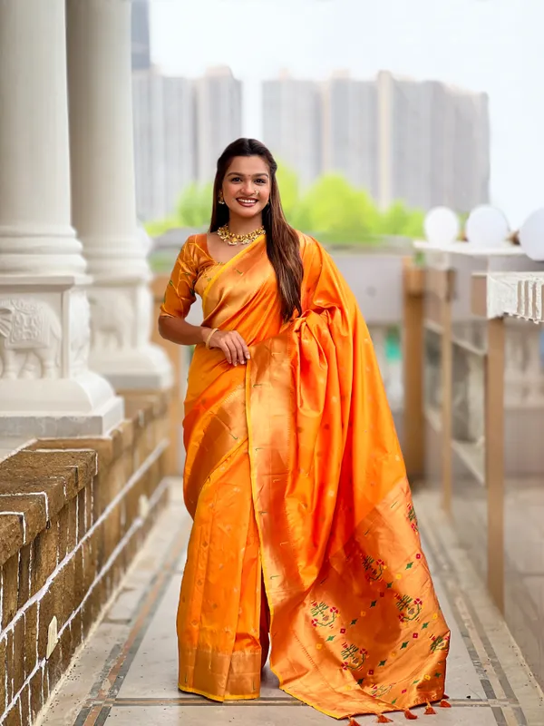 Orange_Soft_Pethani_Silk_Saree_With_Zari_Weaving_Motifs_Design_And_Meenakari_Weaving_Rich_Pallu_With_Meenakari_Weaving_Double_Munia_Border_And_Tassels_Attached_At_Pallu_End_Blouse_For_Women