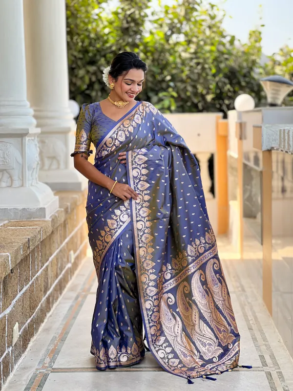 Grey_Soft_Banarasi_Silk_Saree_With_Zari_Weaving_Design_All_Over_The_Saree_And_Zari_Weaving_Rich_Pallu_With_Meenakari_Weaving_Border_And_Tassels_Attached_At_Pallu_End_Blouse_For_Women