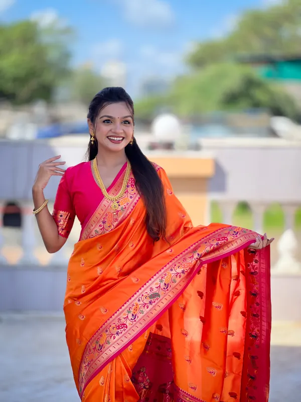 Orange_Soft_Pethani_Silk_Saree_With_Zari_Weaving_Motifs_Design_And_Meenakari_Weaving_Rich_Pallu_With_Meenakari_Weaving_Border_And_Tassels_Attached_At_Pallu_End_Blouse_For_Women
