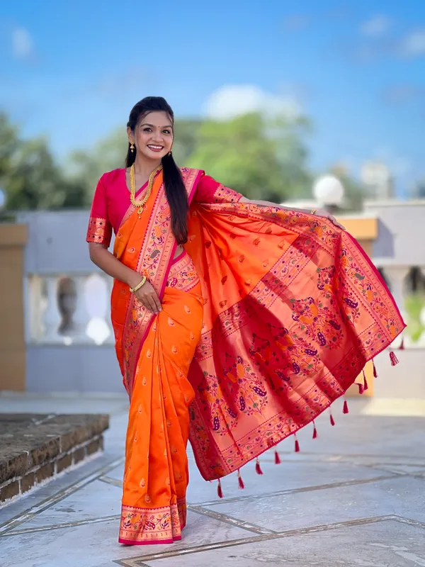 Orange_Soft_Pethani_Silk_Saree_With_Zari_Weaving_Motifs_Design_And_Meenakari_Weaving_Rich_Pallu_With_Meenakari_Weaving_Border_And_Tassels_Attached_At_Pallu_End_Blouse_For_Women