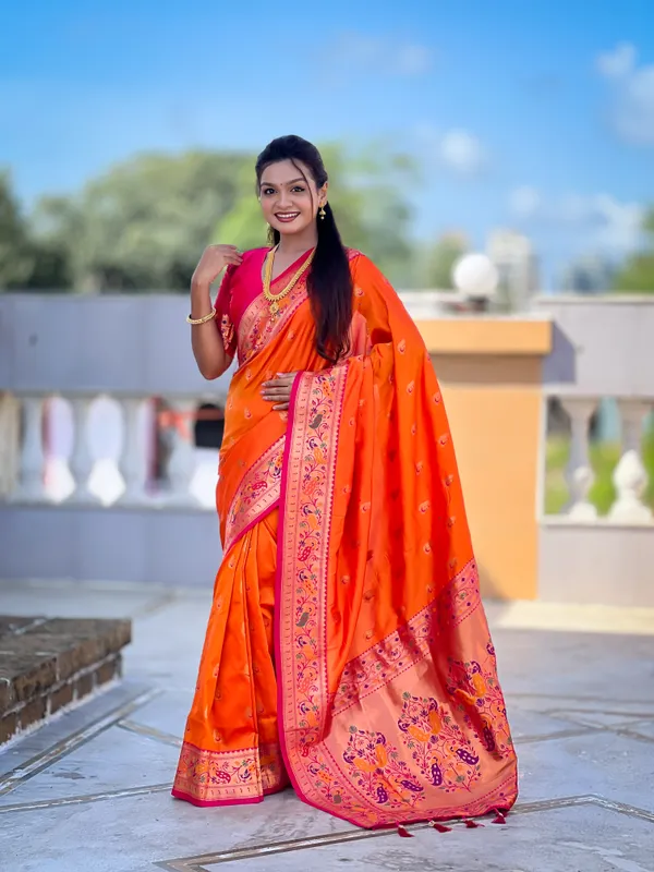 Orange_Soft_Pethani_Silk_Saree_With_Zari_Weaving_Motifs_Design_And_Meenakari_Weaving_Rich_Pallu_With_Meenakari_Weaving_Border_And_Tassels_Attached_At_Pallu_End_Blouse_For_Women