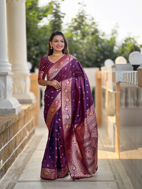 Wine_Soft_Banarasi_Silk_Saree_With_Zari_Weaving_Meenakari_Touchup_Design_All_Over_The_Saree_And_Meenakari_Weaving_Rich_Pallu_For_Women