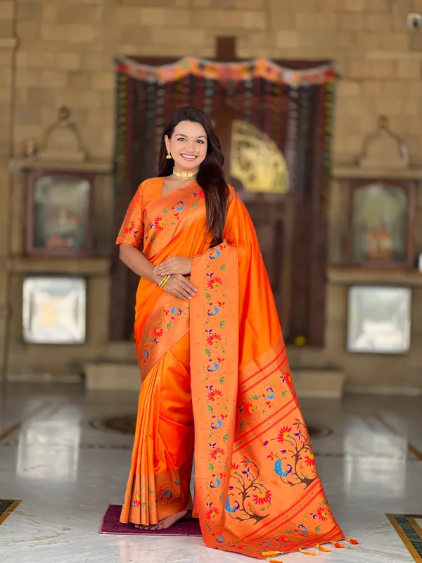 Orange_Soft_Pethani_Silk_Saree_With_Zari_Weaving_Meenakari_Motifs_Design_And_Meenakari_Weaving_Rich_Pallu_With_Meenakari_Weaving_Border_And_Tassels_Attached_At_Pallu_End_Blouse_For_Women
