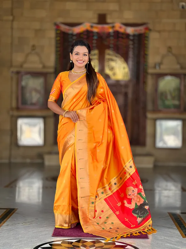 Orange_Soft_Pethani_Silk_Saree_With_Zari_Weaving_Motifs_Design_And_Meenakari_Weaving_Rich_Pallu_With_Meenakari_Weaving_Munia_Border_And_Tassels_Attached_At_Pallu_End_Blouse_For_Women