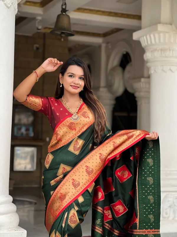 Green_Soft_Banarasi_Silk_Saree_With_Zari_Weaving_Meenakari_Design_All_Over_The_Saree_And_Contrast_Weaving_Rich_Pallu_With_Contrast_Weaving_Border_And_Tassels_Attached_At_Pallu_And_Blouse_For_Women