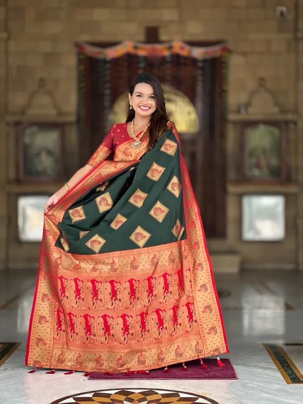 Green_Soft_Banarasi_Silk_Saree_With_Zari_Weaving_Meenakari_Design_All_Over_The_Saree_And_Contrast_Weaving_Rich_Pallu_With_Contrast_Weaving_Border_And_Tassels_Attached_At_Pallu_And_Blouse_For_Women
