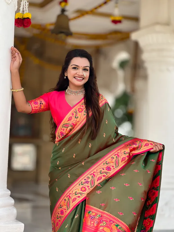 Mehndi_Soft_Pethani_Silk_Saree_With_Zari_Weaving_Motifs_Design_And_Meenakari_Weaving_Rich_Pallu_With_Meenakari_Weaving_Border_And_Tassels_Attached_At_Pallu_End_Blouse_For_Women