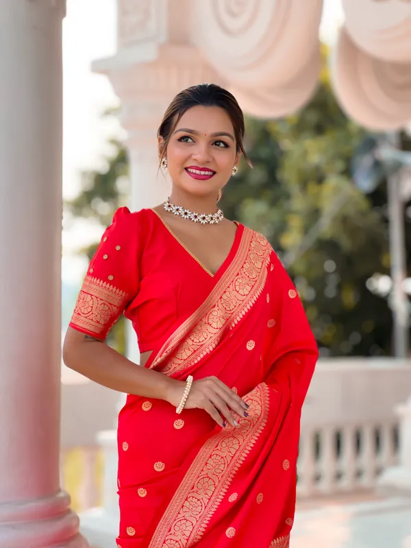 Red_Soft_Banarasi_Silk_Saree_With_Zari_Weaving_Motifd_Design_All_Over_The_Saree_And_Zari_Weaving_Rich_Pallu_With_Zari_Weaving_Border_Blouse_With_Soft_Silk_Weaving_Blouse_Piece_For_Women