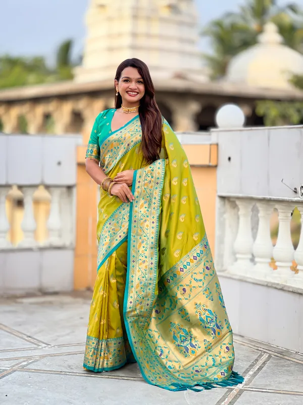 Parrot_Green_Soft_Pethani_Silk_Saree_With_Zari_Weaving_Motifs_Design_And_Meenakari_Weaving_Rich_Pallu_With_Meenakari_Weaving_Border_And_Tassels_Attached_At_Pallu_End_Blouse_For_Women
