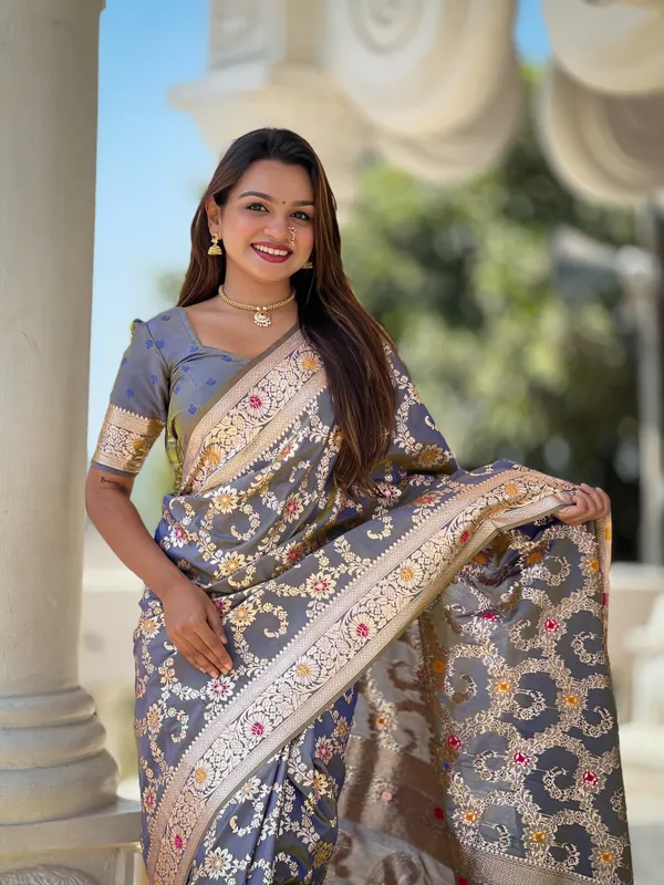 Grey_Soft_Banarasi_Silk_Saree_With_Zari_Weaving_Meenakari_Touchup_Design_All_Over_The_Saree_And_Meenakari_Weaving_Rich_Pallu_For_Women