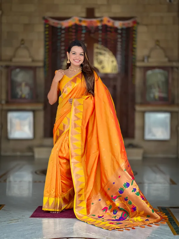 Orange_Soft_Pethani_Silk_Saree_With_Zari_Weaving_Motifs_Design_And_Meenakari_Weaving_Rich_Pallu_With_Temple_Weaving_Border_And_Tassels_Attached_At_Pallu_End_Blouse_For_Women