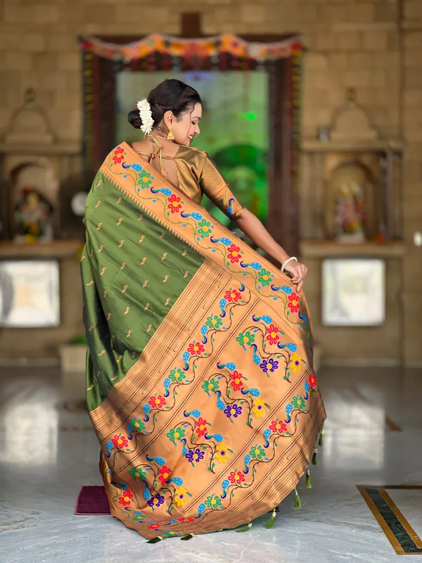 Mehndi_Soft_Paithani_Silk_Saree_With_Zari_Weaving_Meenakari_Motifs_Design_And_Meenakari_Weaving_Rich_Pallu_With_Meenakari_Weaving_Border_And_Tassels_Attached_At_Pallu_And_Blouse_For_Women