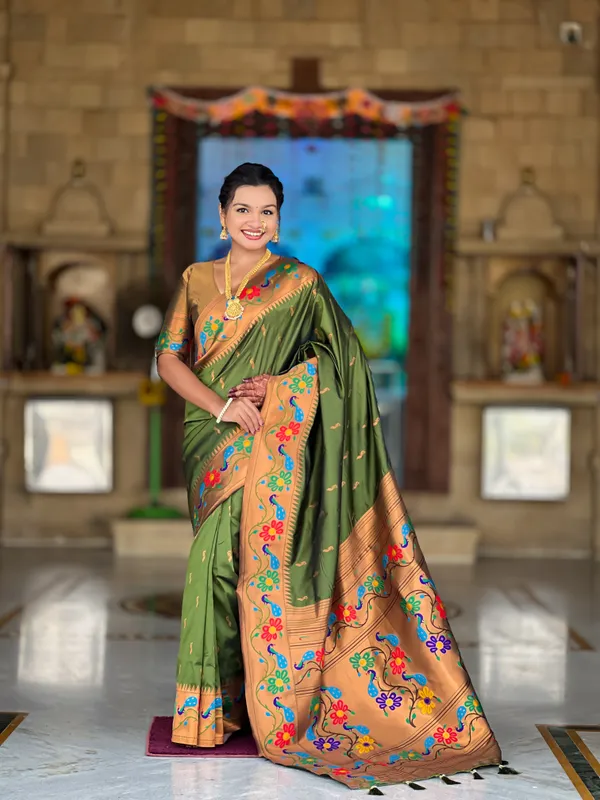 Mehndi_Soft_Paithani_Silk_Saree_With_Zari_Weaving_Meenakari_Motifs_Design_And_Meenakari_Weaving_Rich_Pallu_With_Meenakari_Weaving_Border_And_Tassels_Attached_At_Pallu_And_Blouse_For_Women