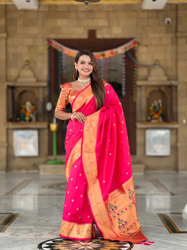 Rani_Pink_Soft_Pethani_Silk_Saree_With_Zari_Weaving_Motifs_Design_And_Meenakari_Weaving_Rich_Pallu_With_Meenakari_Weaving_Double_Munia_Border_And_Tassels_Attached_At_Pallu_End_Blouse_For_Women