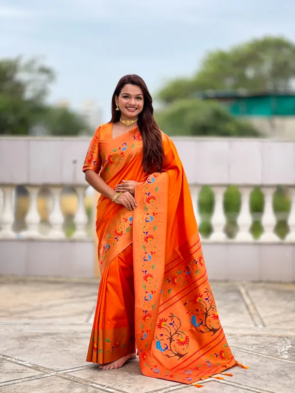 Orange_Soft_Pethani_Silk_Saree_With_Zari_Weaving_Meenakari_Motifs_Design_And_Meenakari_Weaving_Rich_Pallu_With_Meenakari_Weaving_Border_And_Tassels_Attached_At_Pallu_End_Blouse_For_Women