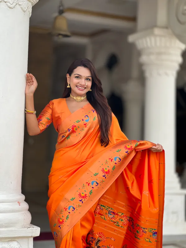 Orange_Soft_Pethani_Silk_Saree_With_Zari_Weaving_Meenakari_Motifs_Design_And_Meenakari_Weaving_Rich_Pallu_With_Meenakari_Weaving_Border_And_Tassels_Attached_At_Pallu_End_Blouse_For_Women