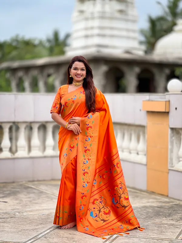 Orange_Soft_Pethani_Silk_Saree_With_Zari_Weaving_Meenakari_Motifs_Design_And_Meenakari_Weaving_Rich_Pallu_With_Meenakari_Weaving_Border_And_Tassels_Attached_At_Pallu_End_Blouse_For_Women