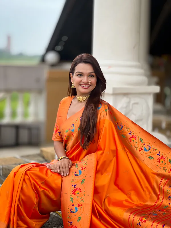Orange_Soft_Pethani_Silk_Saree_With_Zari_Weaving_Meenakari_Motifs_Design_And_Meenakari_Weaving_Rich_Pallu_With_Meenakari_Weaving_Border_And_Tassels_Attached_At_Pallu_End_Blouse_For_Women