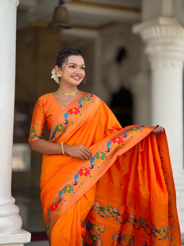 Orange_Soft_Paithani_Silk_Saree_With_Zari_Weaving_Meenakari_Motifs_Design_And_Meenakari_Weaving_Rich_Pallu_With_Meenakari_Weaving_Border_And_Tassels_Attached_At_Pallu_And_Blouse_For_Women