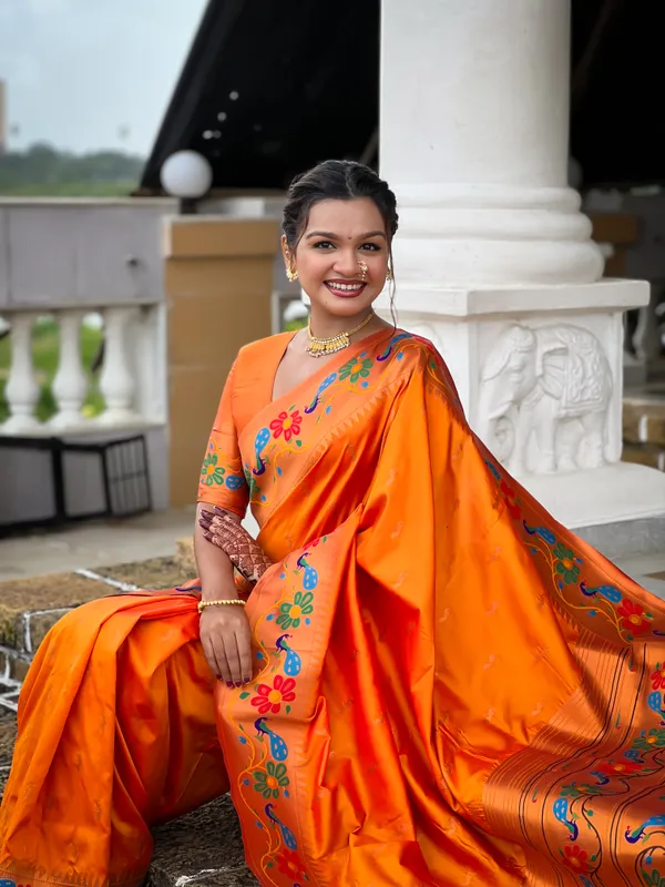 Orange_Soft_Paithani_Silk_Saree_With_Zari_Weaving_Meenakari_Motifs_Design_And_Meenakari_Weaving_Rich_Pallu_With_Meenakari_Weaving_Border_And_Tassels_Attached_At_Pallu_And_Blouse_For_Women