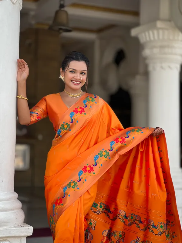 Orange_Soft_Paithani_Silk_Saree_With_Zari_Weaving_Meenakari_Motifs_Design_And_Meenakari_Weaving_Rich_Pallu_With_Meenakari_Weaving_Border_And_Tassels_Attached_At_Pallu_And_Blouse_For_Women