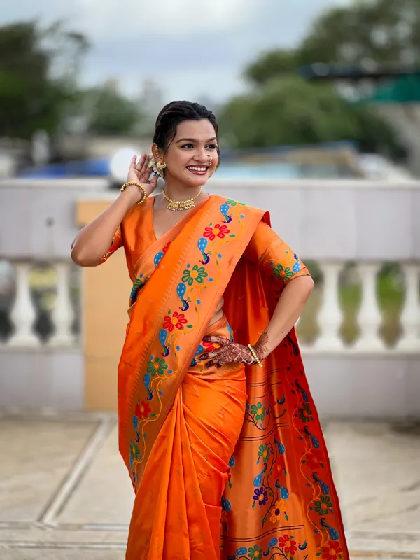 Orange_Soft_Paithani_Silk_Saree_With_Zari_Weaving_Meenakari_Motifs_Design_And_Meenakari_Weaving_Rich_Pallu_With_Meenakari_Weaving_Border_And_Tassels_Attached_At_Pallu_And_Blouse_For_Women
