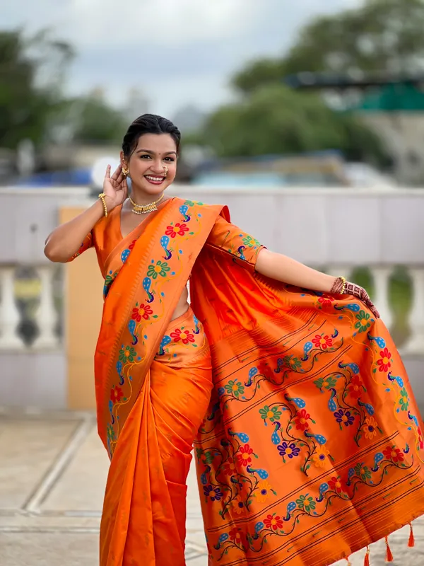 Orange_Soft_Paithani_Silk_Saree_With_Zari_Weaving_Meenakari_Motifs_Design_And_Meenakari_Weaving_Rich_Pallu_With_Meenakari_Weaving_Border_And_Tassels_Attached_At_Pallu_And_Blouse_For_Women