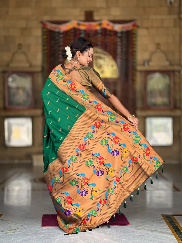 Green_Soft_Paithani_Silk_Saree_With_Zari_Weaving_Meenakari_Motifs_Design_And_Meenakari_Weaving_Rich_Pallu_With_Meenakari_Weaving_Border_And_Tassels_Attached_At_Pallu_And_Blouse_For_Women