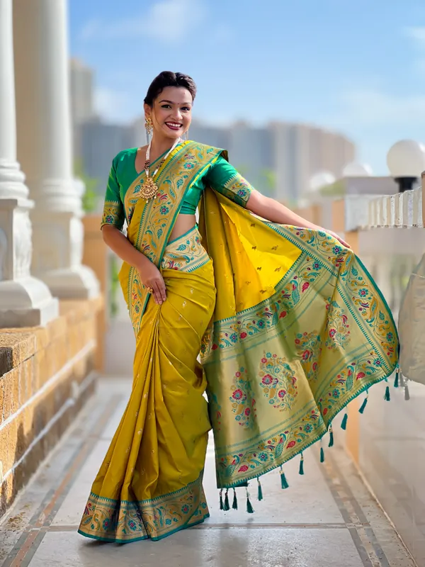 Parrot_Green_Soft_Pethani_Silk_Saree_With_Zari_Weaving_Motifs_Design_And_Meenakari_Weaving_Rich_Pallu_With_Meenakari_Weaving_Border_And_Tassels_Attached_At_Pallu_End_Blouse_For_Women