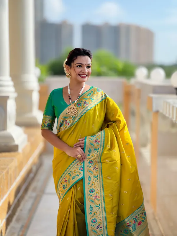 Parrot_Green_Soft_Pethani_Silk_Saree_With_Zari_Weaving_Motifs_Design_And_Meenakari_Weaving_Rich_Pallu_With_Meenakari_Weaving_Border_And_Tassels_Attached_At_Pallu_End_Blouse_For_Women