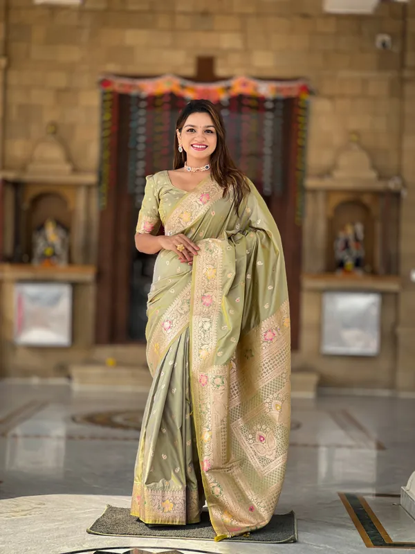 Pista_Soft_Banarasi_Silk_Saree_With_Zari_Weaving_Meenakari_Touchup_Design_All_Over_The_Saree_And_Meenakari_Weaving_Rich_Pallu_For_Women
