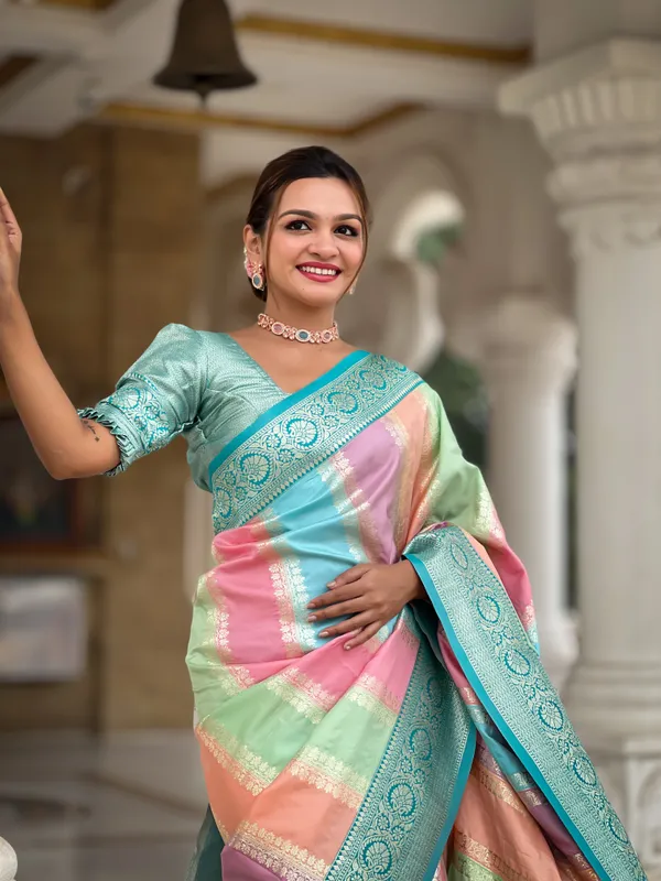 Rama_Soft_Silk_Saree_With_Zari_Weaving_Meenakari_Design_All_Over_The_Saree_And_Zari_Weaving_Contrast_Rich_Pallu_With_Cotrast_Weaving_Border_And_Tassels_Attached_At_Pallu_End_Blouse_For_Women