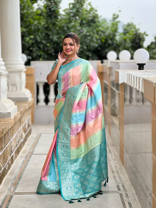 Rama_Soft_Silk_Saree_With_Zari_Weaving_Meenakari_Design_All_Over_The_Saree_And_Zari_Weaving_Contrast_Rich_Pallu_With_Cotrast_Weaving_Border_And_Tassels_Attached_At_Pallu_End_Blouse_For_Women