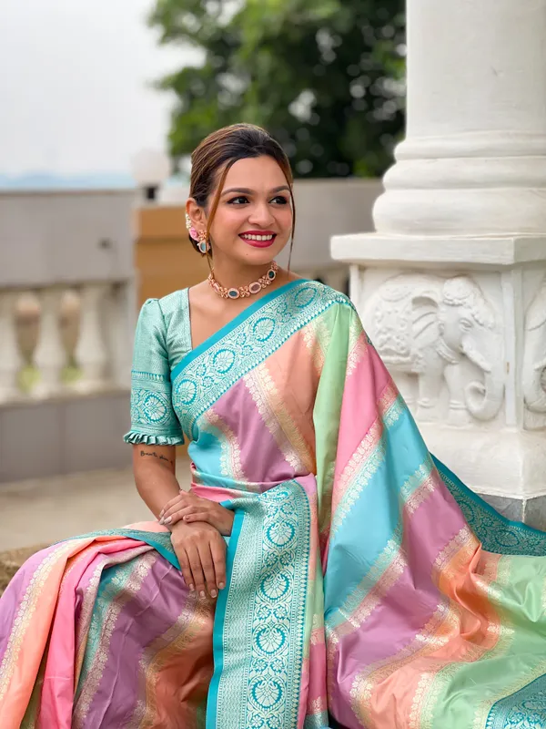 Rama_Soft_Silk_Saree_With_Zari_Weaving_Meenakari_Design_All_Over_The_Saree_And_Zari_Weaving_Contrast_Rich_Pallu_With_Cotrast_Weaving_Border_And_Tassels_Attached_At_Pallu_End_Blouse_For_Women