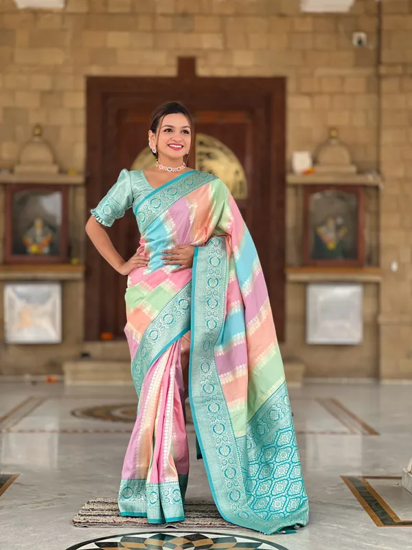 Rama_Soft_Silk_Saree_With_Zari_Weaving_Meenakari_Design_All_Over_The_Saree_And_Zari_Weaving_Contrast_Rich_Pallu_With_Cotrast_Weaving_Border_And_Tassels_Attached_At_Pallu_End_Blouse_For_Women