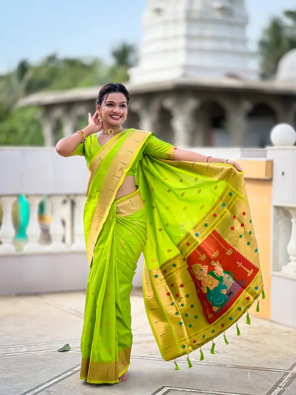 Parrot_Green_Soft_Pethani_Silk_Saree_With_Zari_Weaving_Motifs_Design_And_Meenakari_Weaving_Rich_Pallu_With_Meenakari_Weaving_Munia_Border_And_Tassels_Attached_At_Pallu_End_Blouse_For_Women