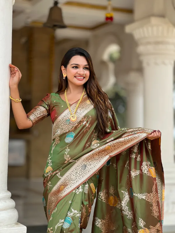 Mehndi_Soft_Banarasi_Silk_Saree_With_Zari_Weaving_Meenakari_Touchup_Design_All_Over_The_Saree_And_Meenakari_Weaving_Rich_Pallu_For_Women