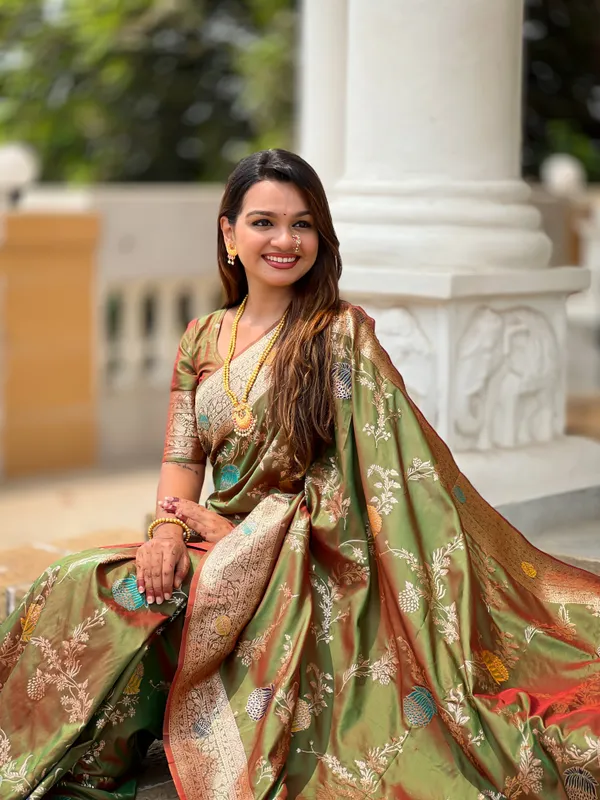 Mehndi_Soft_Banarasi_Silk_Saree_With_Zari_Weaving_Meenakari_Touchup_Design_All_Over_The_Saree_And_Meenakari_Weaving_Rich_Pallu_For_Women
