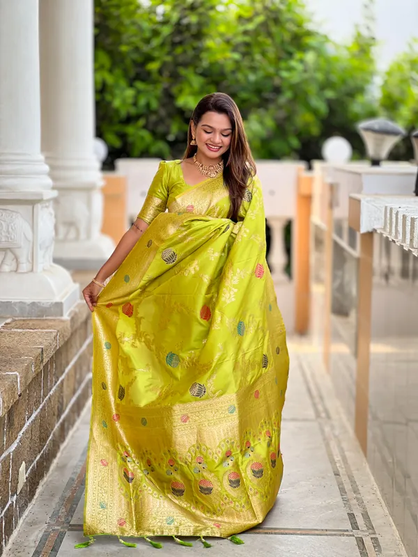 Parrot_Green_Soft_Banarasi_Silk_Saree_With_Zari_Weaving_Meenakari_Touchup_Design_All_Over_The_Saree_And_Meenakari_Weaving_Rich_Pallu_For_Women