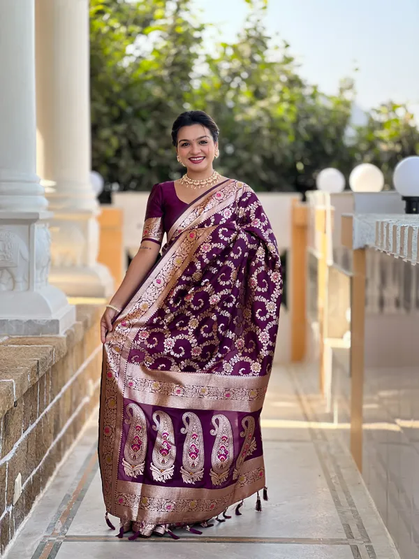 Wine_Soft_Banarasi_Silk_Saree_With_Zari_Weaving_Meenakari_Touchup_Design_All_Over_The_Saree_And_Meenakari_Weaving_Rich_Pallu_For_Women