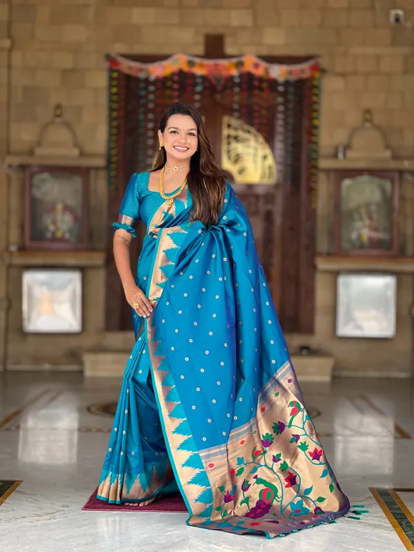 Firozi_Soft_Pethani_Silk_Saree_With_Zari_Weaving_Motifs_Design_And_Meenakari_Weaving_Rich_Pallu_With_Temple_Weaving_Border_And_Tassels_Attached_At_Pallu_End_Blouse_For_Women