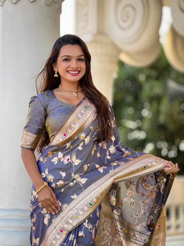 Grey_Soft_Banarasi_Silk_Saree_With_Zari_Weaving_Meenakari_Touchup_Design_All_Over_The_Saree_And_Meenakari_Weaving_Rich_Pallu_For_Women