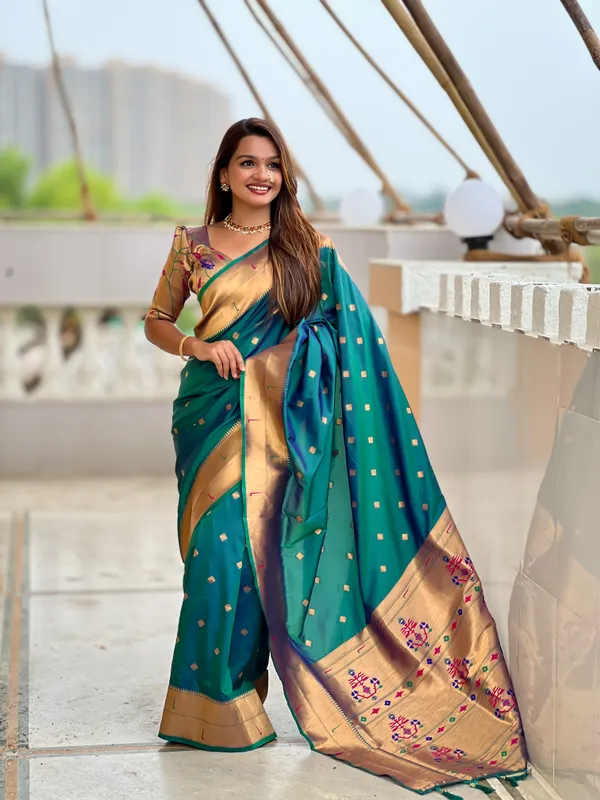 Rama_Soft_Pethani_Silk_Saree_With_Zari_Weaving_Motifs_Design_And_Meenakari_Weaving_Rich_Pallu_With_Meenakari_Weaving_Double_Munia_Border_And_Tassels_Attached_At_Pallu_End_Blouse_For_Women